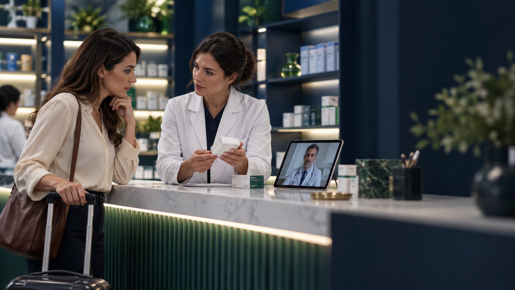 Una farmacista assiste una viaggiatrice con un medico in video